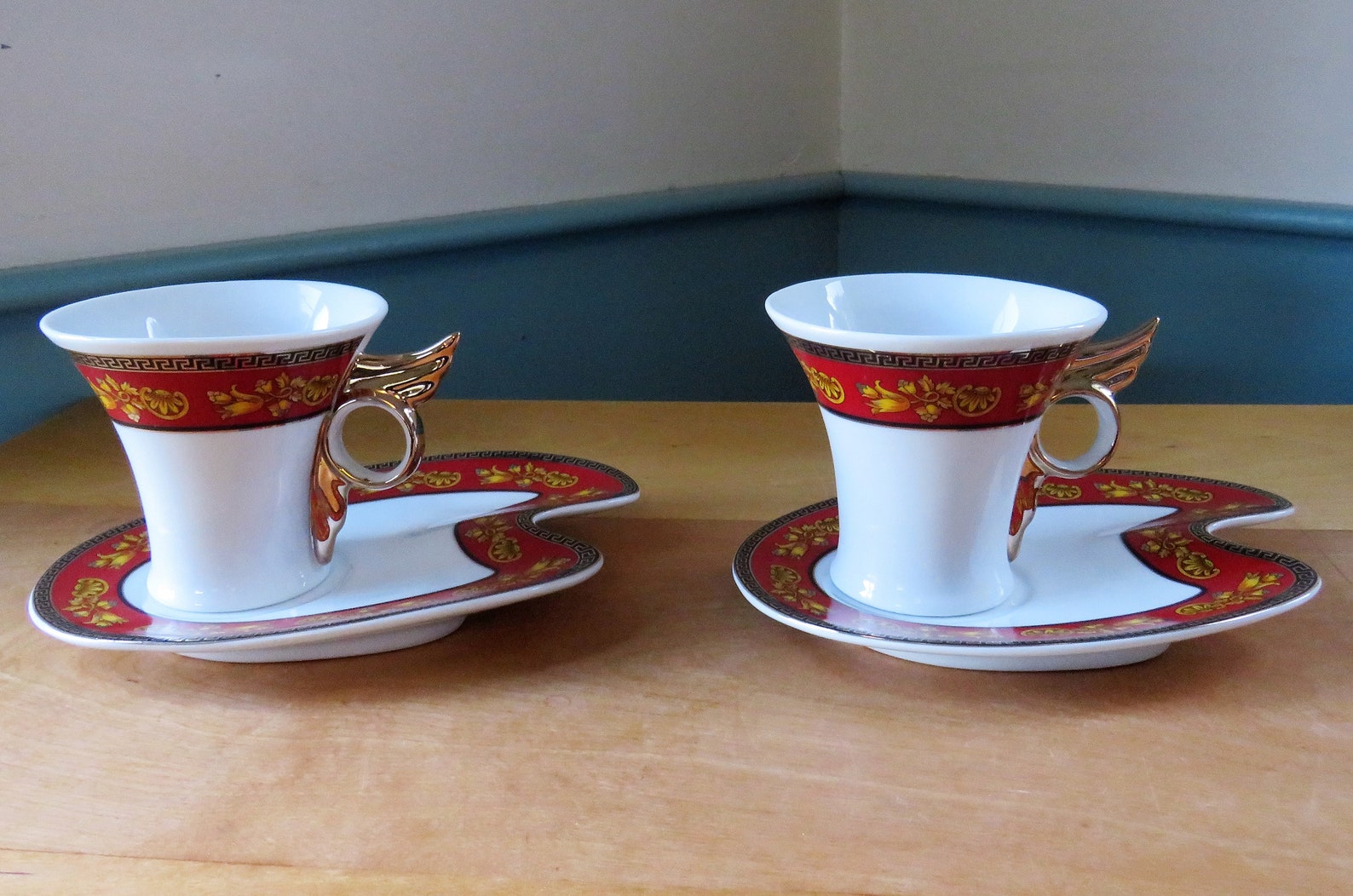 2 Imperial Design Gilded Wing Handled Cups Biscuit Saucers Etsy