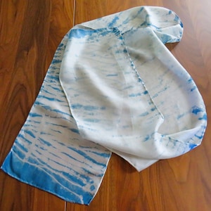 Hand Dyed Blue White Silk Oblong Scarf, 70&quot; x 8&quot;