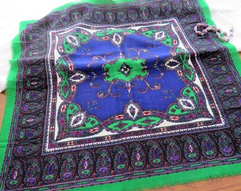 Club 7 lightweight wool Echo scarf - Green Blue Purple Retro Preppy Intricate Pattern - go bold vintage
