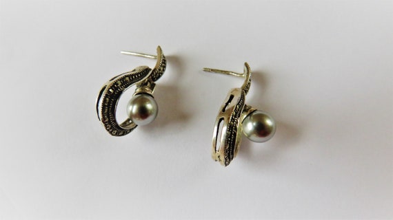 Sterling Marcasite Faux(?) Gray Pearl Stud Dangle… - image 6