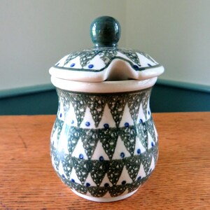 Handmade Polish Pottery Jam Pot: Forest Green Pine Tree Design