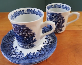 SET of 3 J&G Meakin Anne Hathaway&#39;s Cottage Blue Transferware Cups, Saucers Romantic England, Gorgeous Dark Blue Transfers