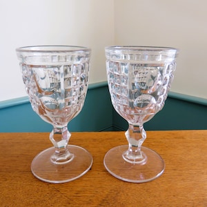 2 EAPG Waffle & Thumbprint Knob Stem Clear Glass Crystal Goblets