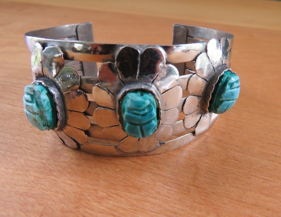 Ceramic Scarab Silver Plated Brass Cuff Bracelet,… - image 2