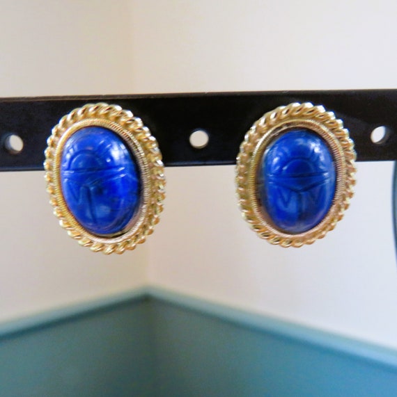 Carved Scarab Lapis Lazuli Studs, Gold Tone, Hallm