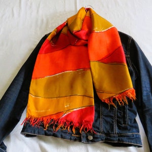 Vera Neumann Double Sided 67&quot; Oblong Silk Fringed Scarf in Vivid Autumn Colors
