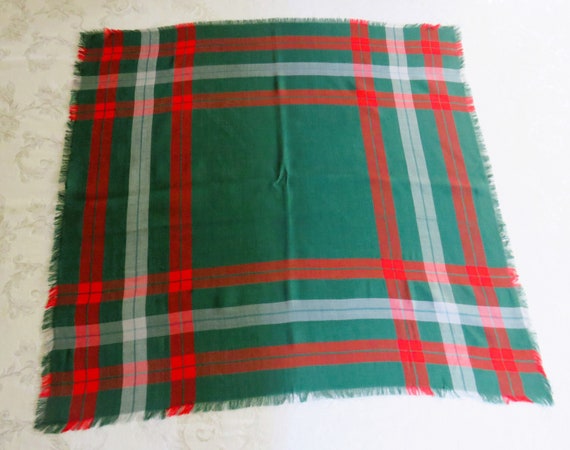 Rayon Fringed Scarf, Green Red White Plaid, Circa… - image 1