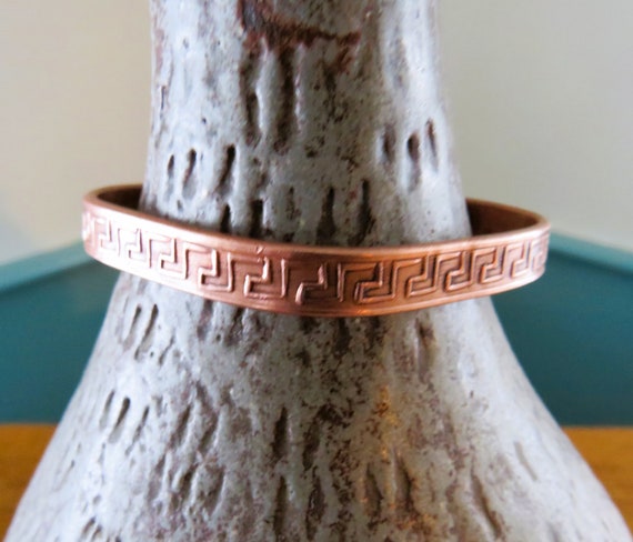 Unisex Copper Cuff Bracelet Greek Key Pattern - d… - image 1