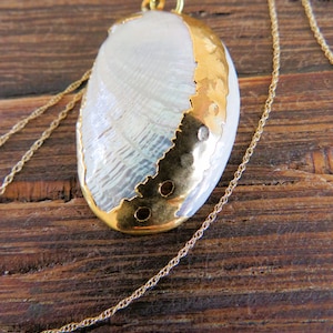 14K Yellow Gold With Real Shell (White Mother of Pearl Color) Beach Wedding Necklace - Pendant on 14K Gold Curb Chain