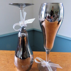 BRIDE & GROOM Toasting Glasses, Reflective Silver-Gray, Hortense B. Hewitt Wedding Accessories, 8 ounce capacity, in original box