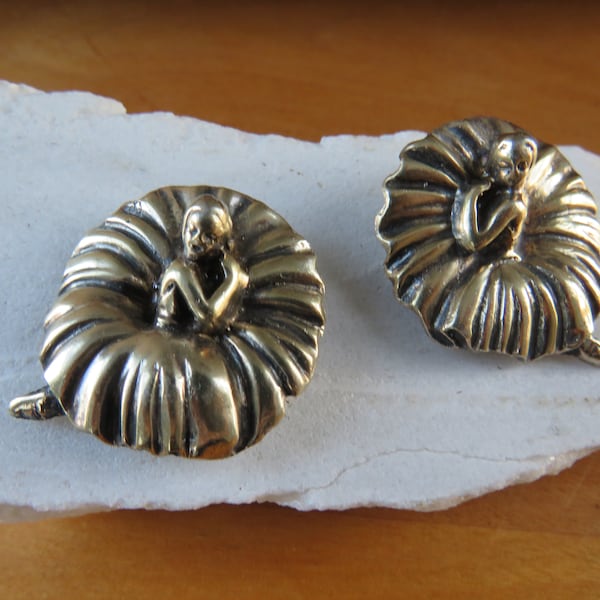1 or 2 Natacha Brooks Sterling Ballerina Brooches - Pale Gold Wash - Likely modified from Clip on earrings