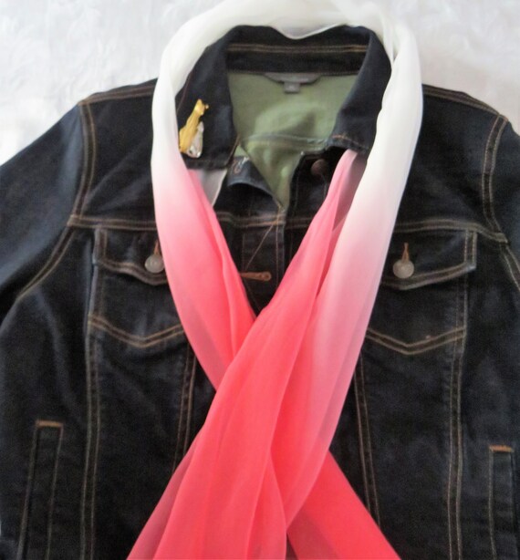 Peachy Pink White Chiffon Oblong Scarf, Very mid … - image 1