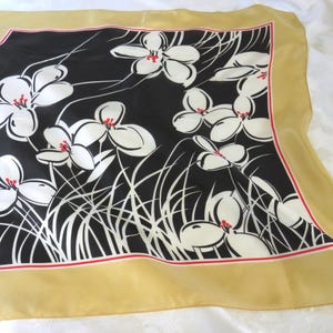 Silk Black White Golden Tan Red Floral Scarf - Chic and Modernistic