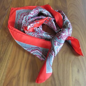 Bright Red Gray Burgundy  White Black Classic Pattern Silk Scarf with Hand Rolled Hem - Excellent condition - Christmas plus rest of year!