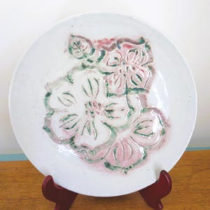 Hand Thrown Pink Flower Pottery Plate, 11 1/2", tiny 'possible' chip on rim