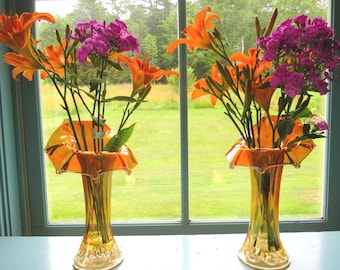 Marigold Carnival Glass Jack in the Pulpit Vases: Iridescent Art Nouveau Pair
