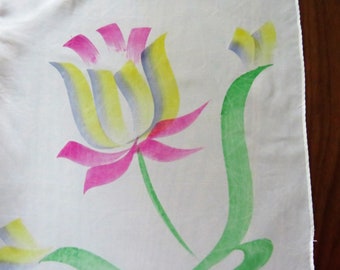 Sheer white square air brushed floral scarf - pink gray yellow green tulips synthetic material - nylon - circa 1950s