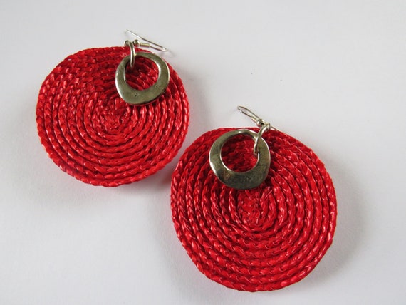 Large Hot Pink Straw Silver Tone Earrings - Summe… - image 9