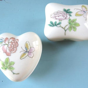 2 Butterfly Floral Covered Ring Boxes, Trinket Dishes, Heart, Rectangle Asian Theme, Takahashi Japan for Cho Cho San Francisco