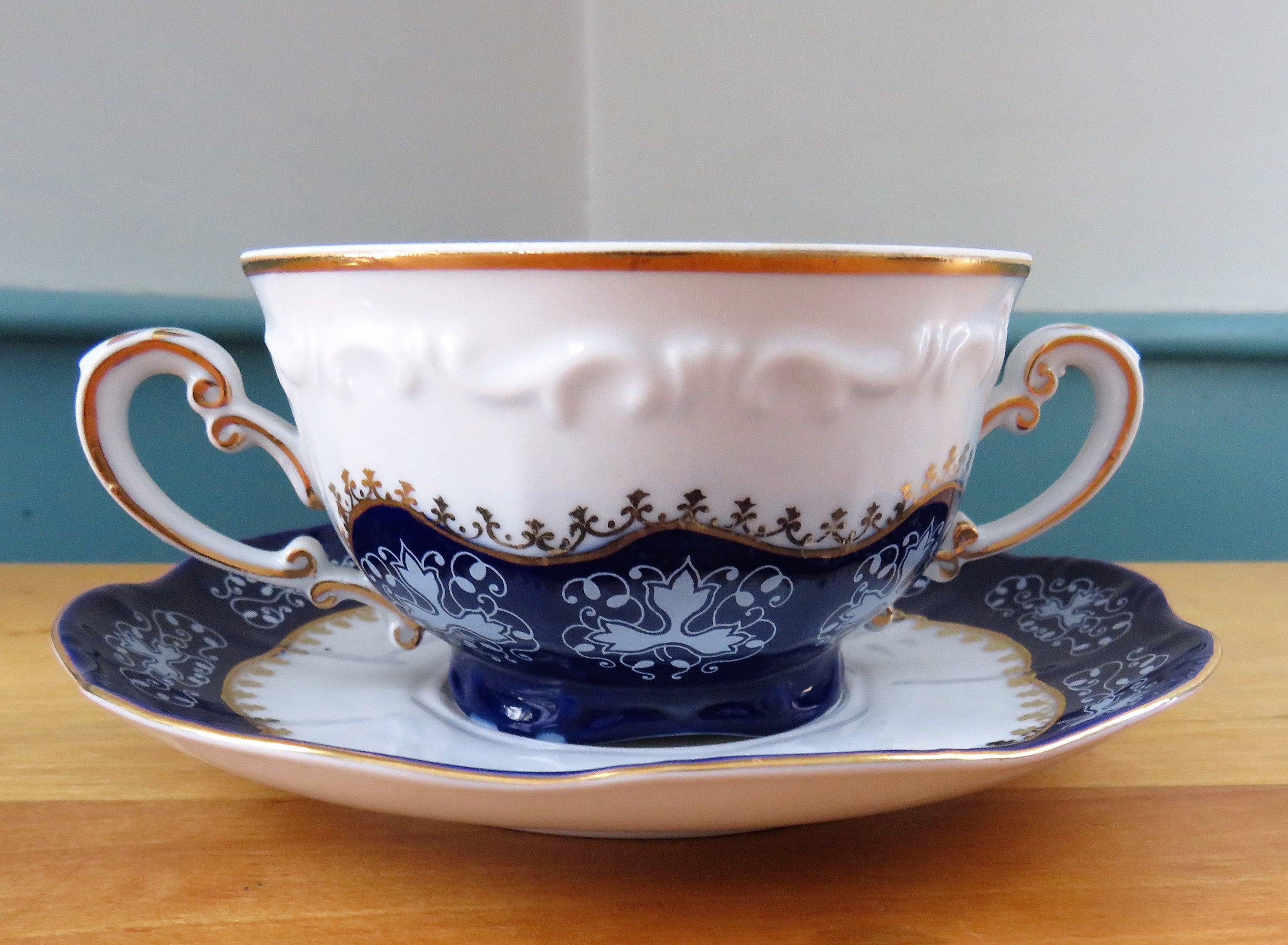 Zsolnay Pecs Cobalt Blue White Gilded Bouillon Bowl Raised Pattern