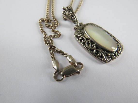 Sterling Marcasite Mother of Pearl oval pendant I… - image 2