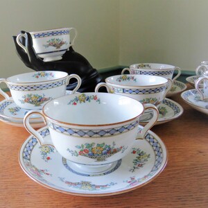 2 (to 6) Royal Doulton STRATHMORE Bouillon Bowls with Saucers, White, Urns, Fruit, Flowers, Blue, Gold, Yellow Red