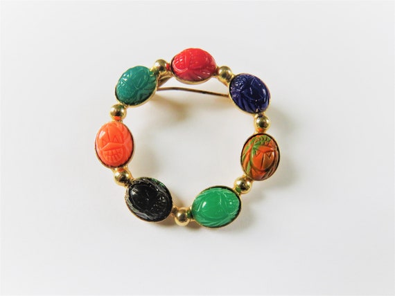 Scarab Glass Gold Tone Brooch - Vintage Egyptian … - image 2