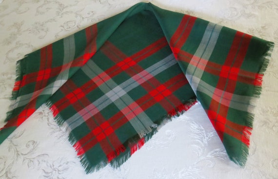 Rayon Fringed Scarf, Green Red White Plaid, Circa… - image 3