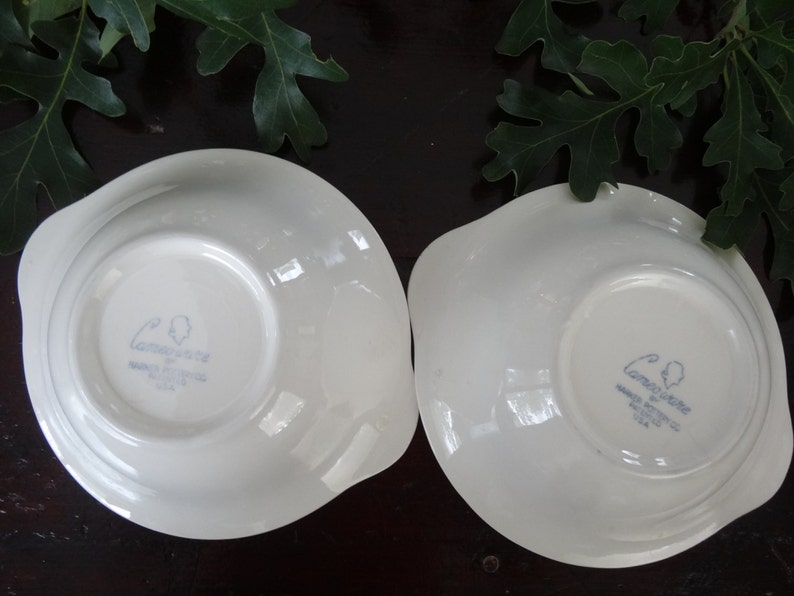 2 Harker Pottery Cameoware Dainty Flowers Pattern blue cereal soup bowls with tab handles excellent condition