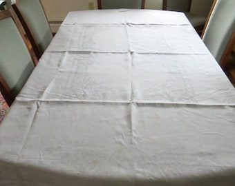 White Linen Damask, Floral, Scrolls, Cutwork Hem, Tablecloth, Stains on one end