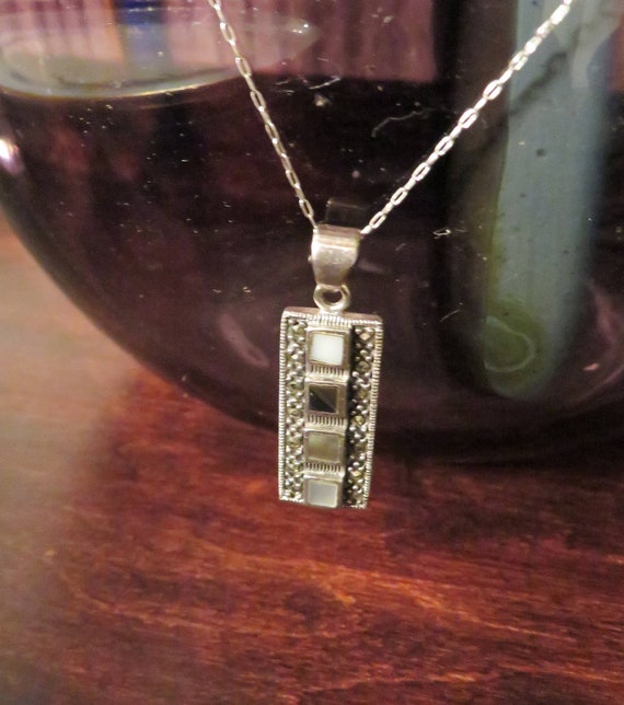 Art Deco Mother of Pearl Sterling Marcasite pendan