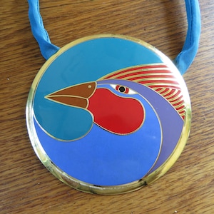 Laurel Burch 3&quot; HARLEQUIN BIRD Pendant, Teal Blue Red Orange Purple and Orange