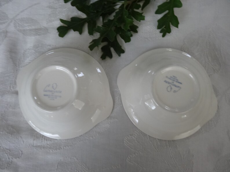 2 Harker Pottery Cameoware Dainty Flowers Pattern blue cereal soup bowls with tab handles excellent condition