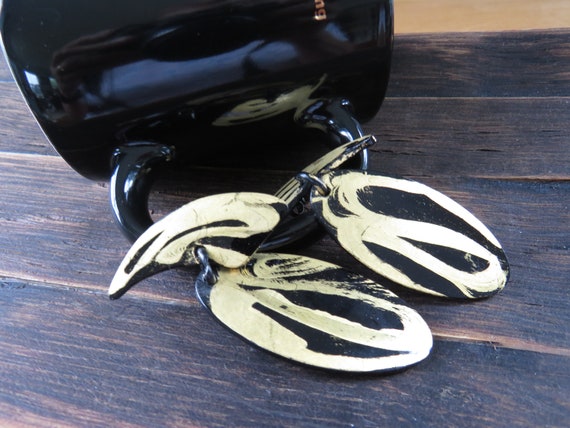 Bill Schiffer black gold acrylic stud dangle oval… - image 5