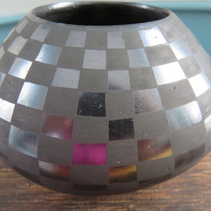Mata Ortiz Blackware Pottery Vessel with black on black geometric pattern - shiny and matte signed A.G. Casa Grandes pottery