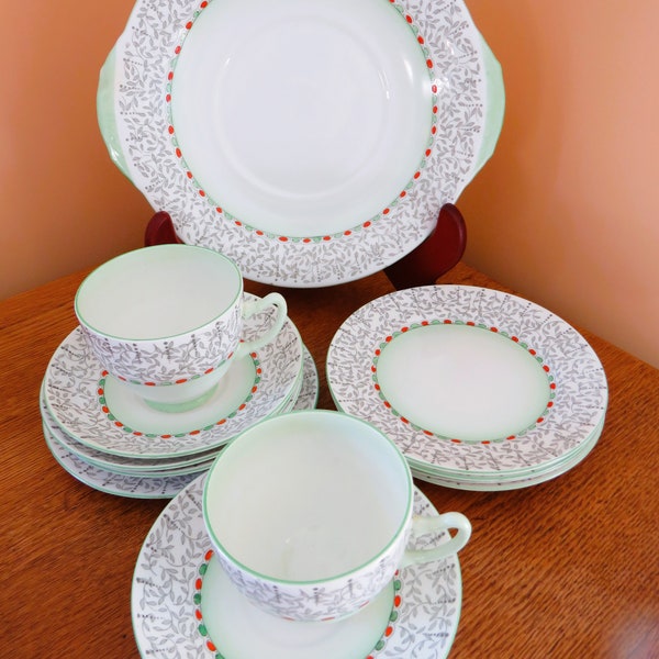 Selection of Adderley Best Bone China Pieces - Pale Mint Green with Red Orange Highlights - Nice Holiday Vibe