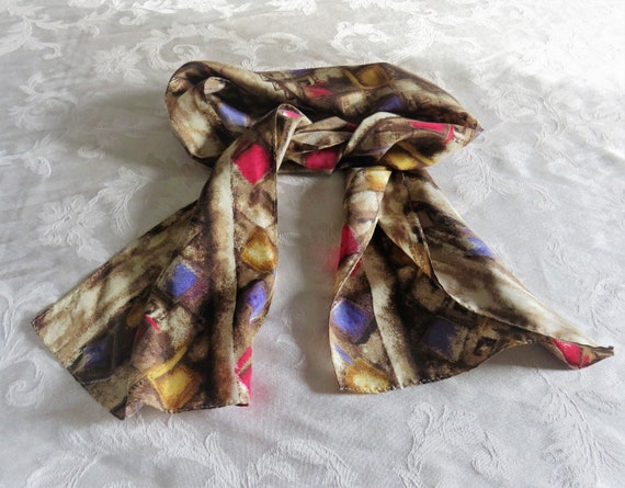 Brown Oblong Silk Pink Purple Yellow Scarf, Made … - image 8