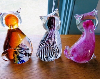 THREE Art Glass Kittens/Cats, One Pink and Two Tiger Cats