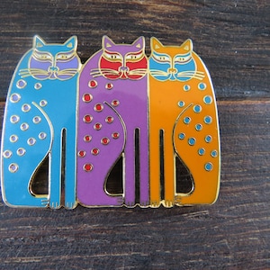 Laurel Burch SIAMESE CATS Brooch in Colorful 1980s Colors - Teal, Purple, Saffron, Gold Tone