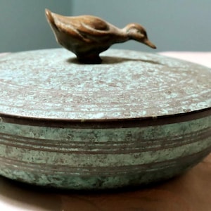 Carl Sorensen Bronze Covered Bowl with Duck Finial, Verdigris