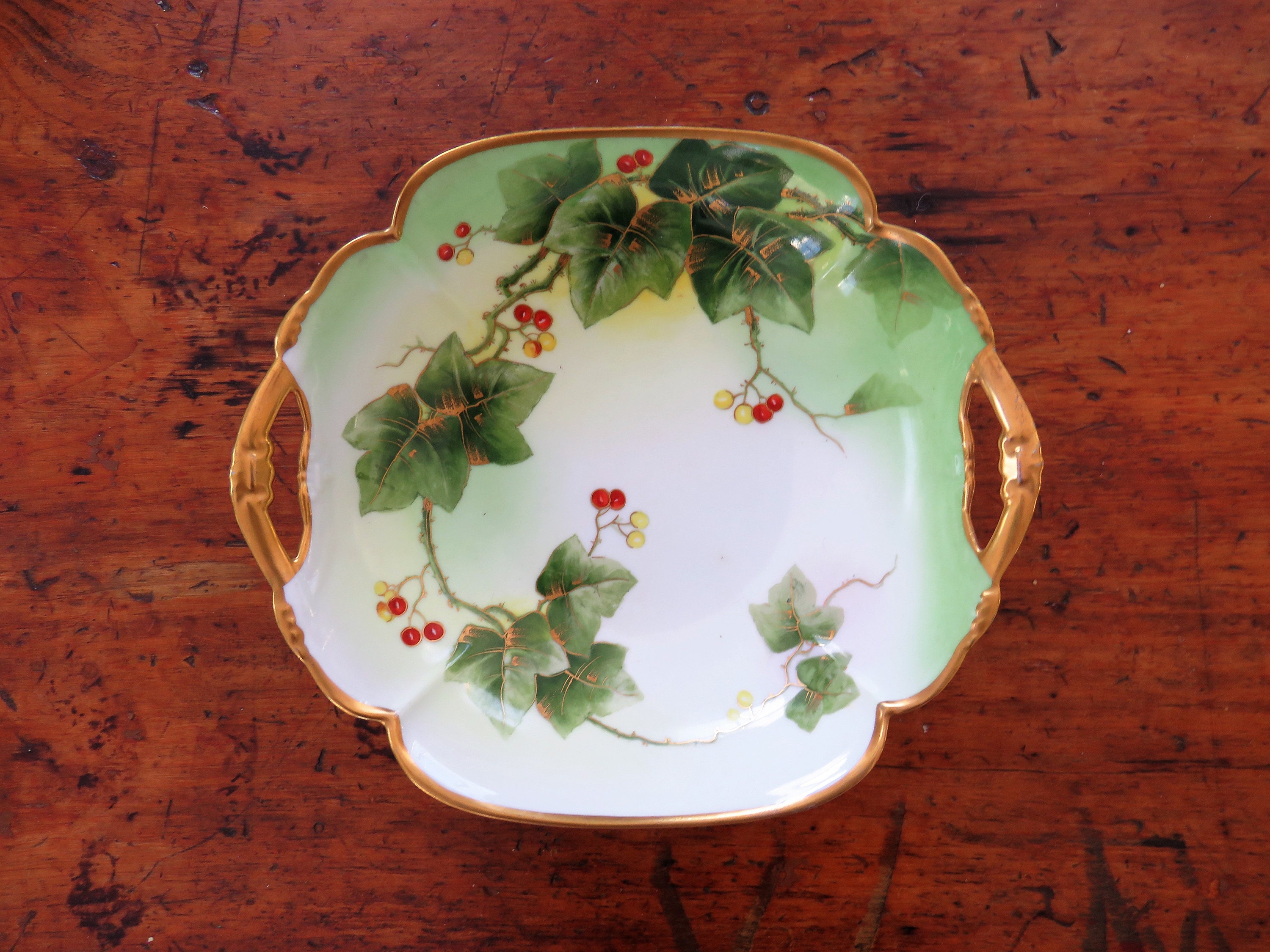 Antique Limoges Hand Painted Bowl: Gilded Ivy & Berries, Old Abbey