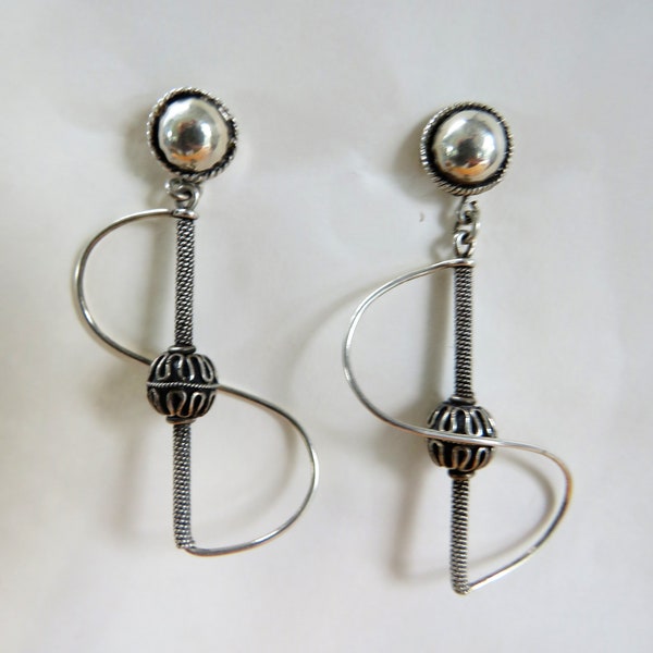 Sterling twisted coiled wire wrapped stud dangles with sine wave - button stud at top - exquisite detail - curvy