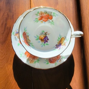 ROYAL CHELSEA Fruit Fine Bone China Cup and Saucer, Gold Trim