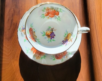 ROYAL CHELSEA Fruit Fine Bone China Cup and Saucer, Gold Trim