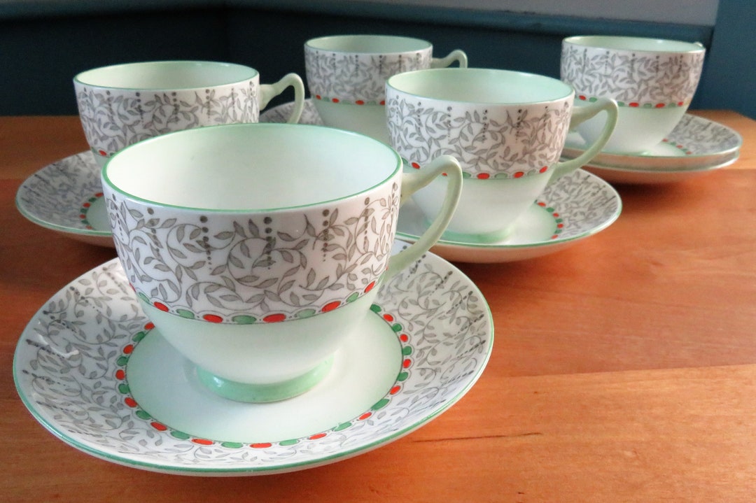 SET of 5 Adderley Best Bone China Cups and Saucers Pale Mint Green Redorange and Gray Great