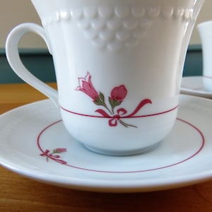 May include: White teacup and saucer set with a floral design in pink and green. The cup has a curved handle and a decorative rim. The saucer has a matching pink ribbon and floral design. The set is on a wooden surface.