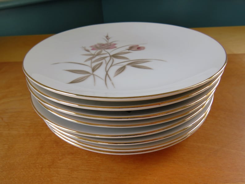 2 to 8 long stemmed pink rose with soft brown-gray leaves and stems Fine China -Royal Sovereign Blush Rose bread plates