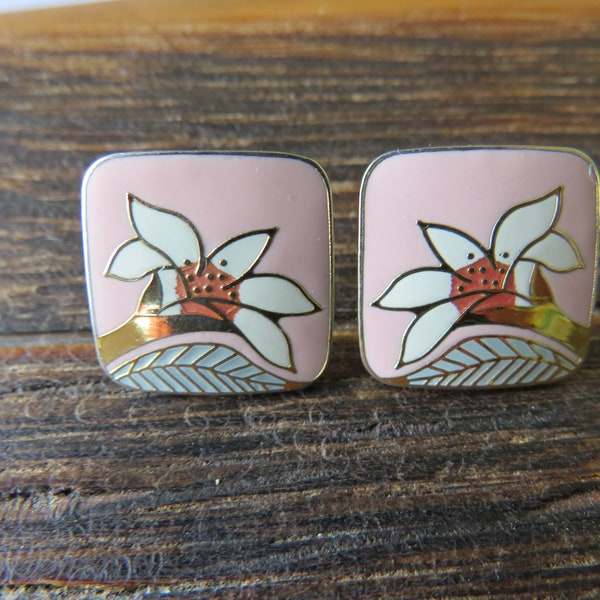 Laurel Burch WILD LILY PINK (Pale) Spring Colors Gold Tone Small Square Stud Earrings