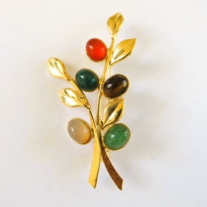 Semi Precious Stone Gold Tone Stem with Leaves Brooch, Carnelian, Tiger Eye, Jade, Quartz