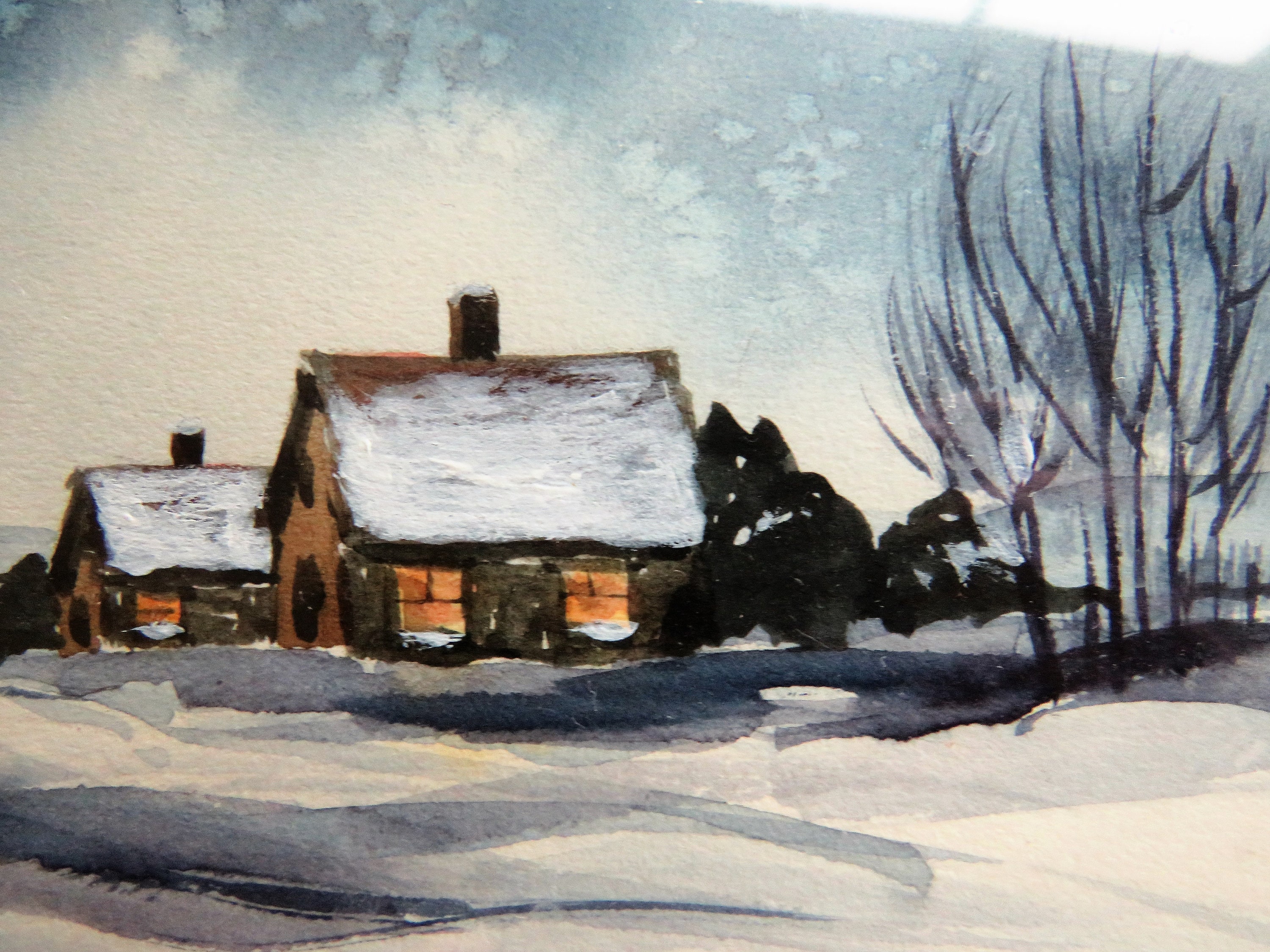 透明水彩画　原画　「雪景色・穏やかな朝」額縁付　SMサイズ　風景画 透明水彩画 原画 「雪景色・穏やかな朝」額縁付 SMサイズ 風景画
